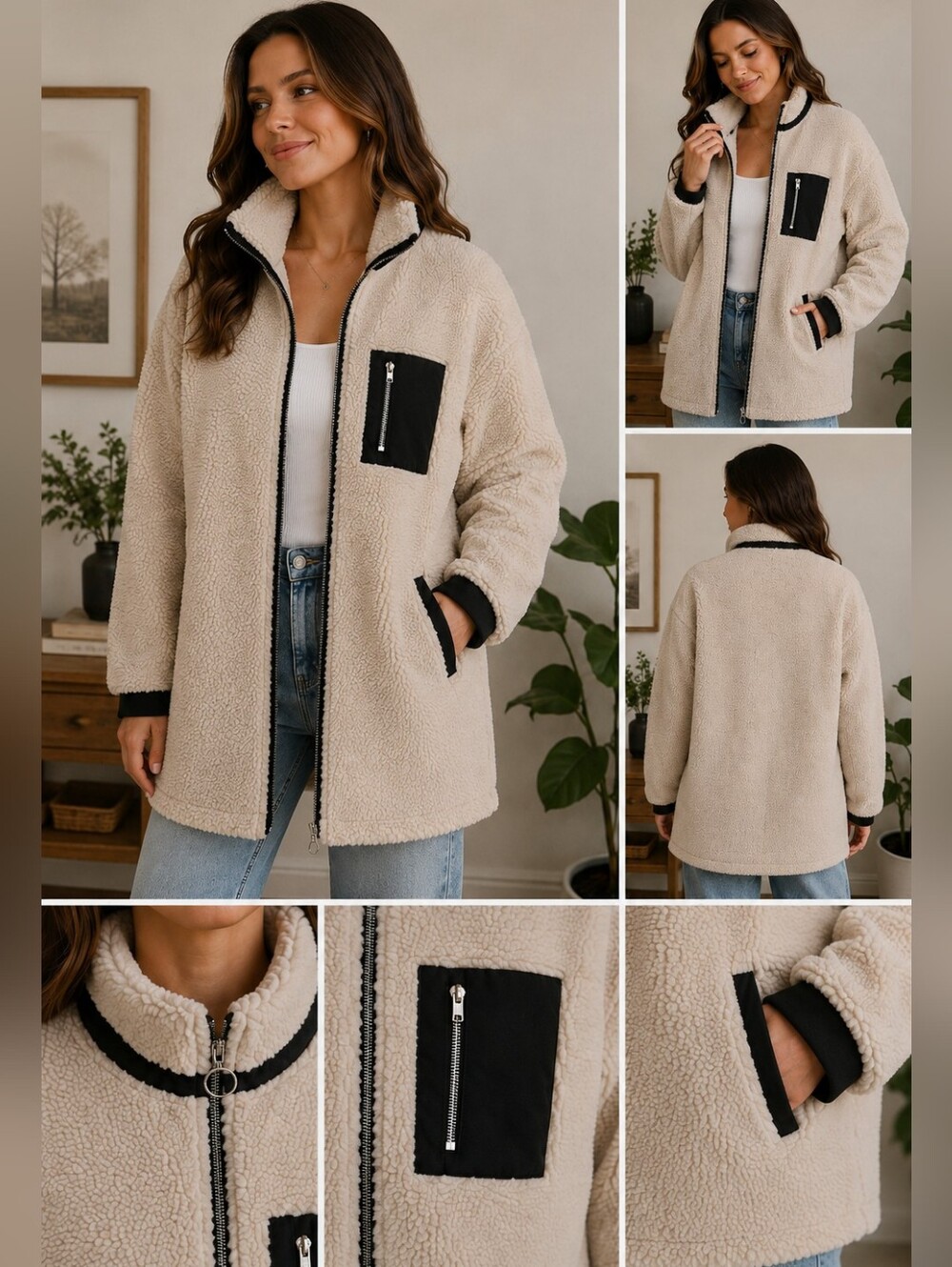 H&M LOGG Faux Shearling Teddy Zip Jacket Beige Black Trim Size Small - Picture 12 of 16